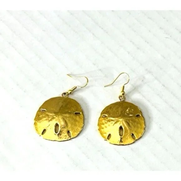 Sand Dollar Earrings Gold Tone Fishhook Drop Dangle Beautiful Satiny Look VTG - Picture 5 of 5